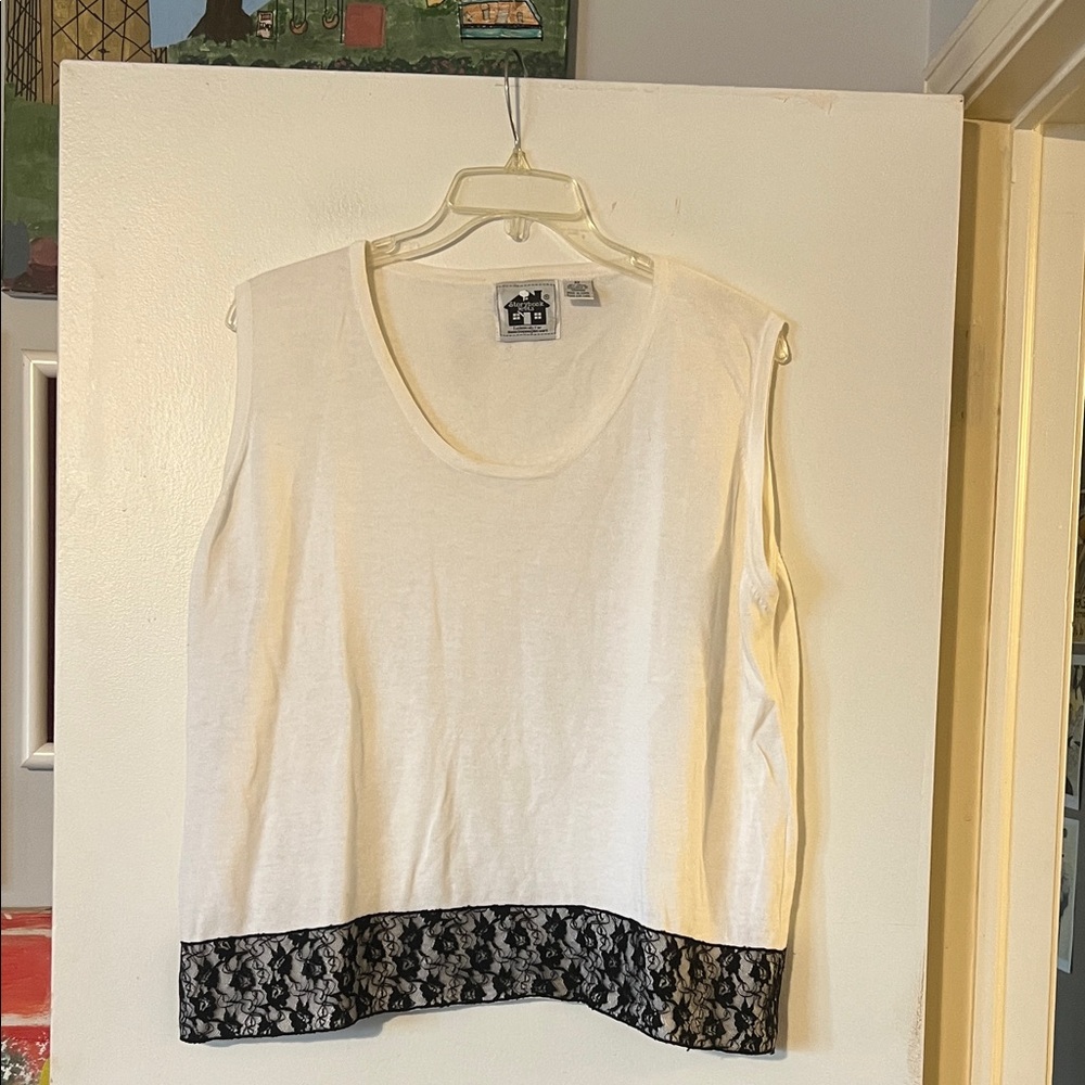Storybook knits for HSN cream sleeveless sweater with black lace detail